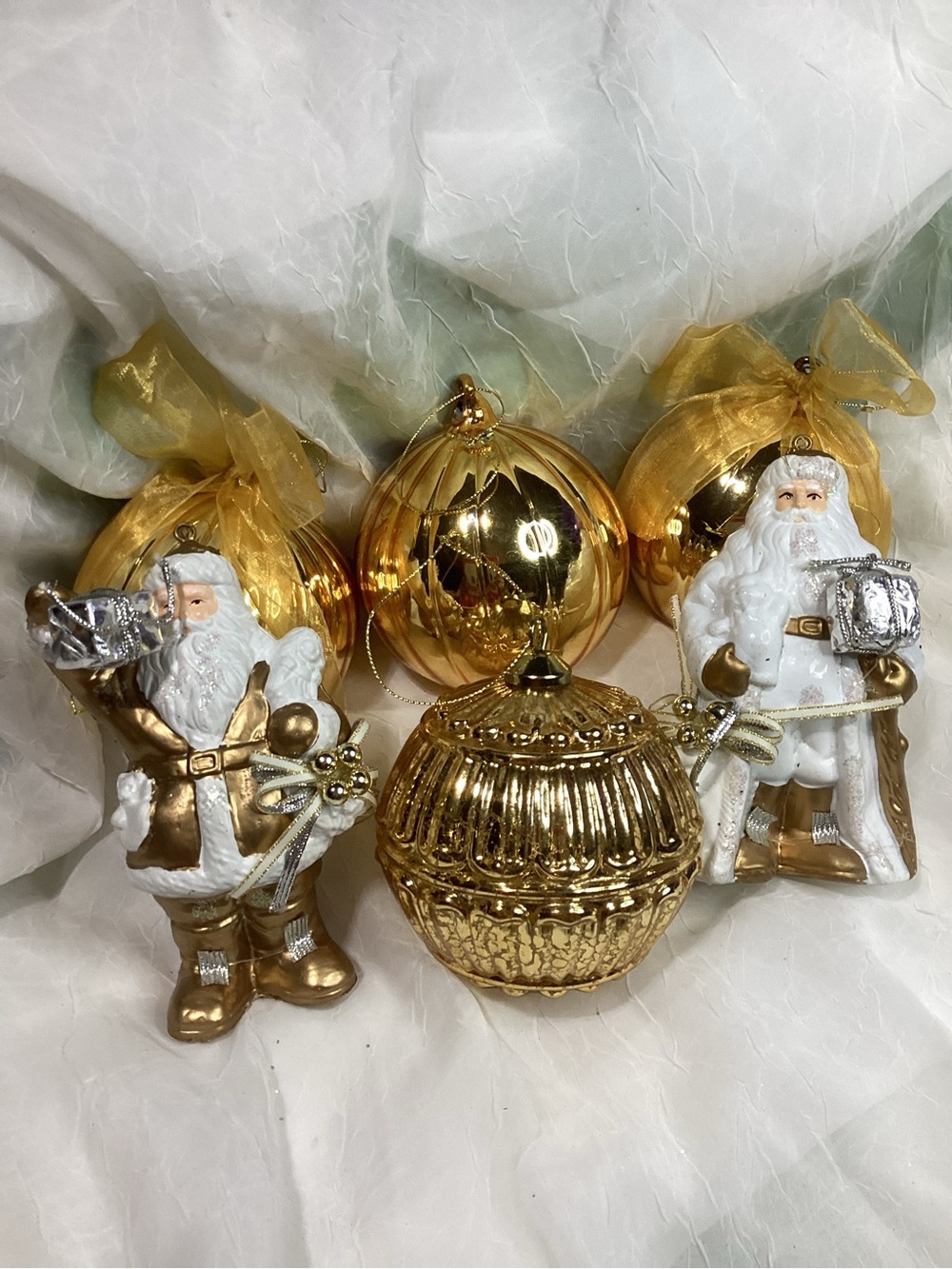 Gold Mercury Glass Ball Ornaments & Blow Mold Style Santa Claus Set Christmas